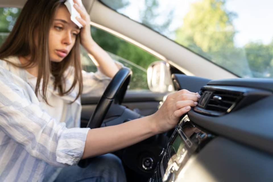 A woman adjusts the air vent in her car, showing signs of stress as she touches her forehead with her free hand.