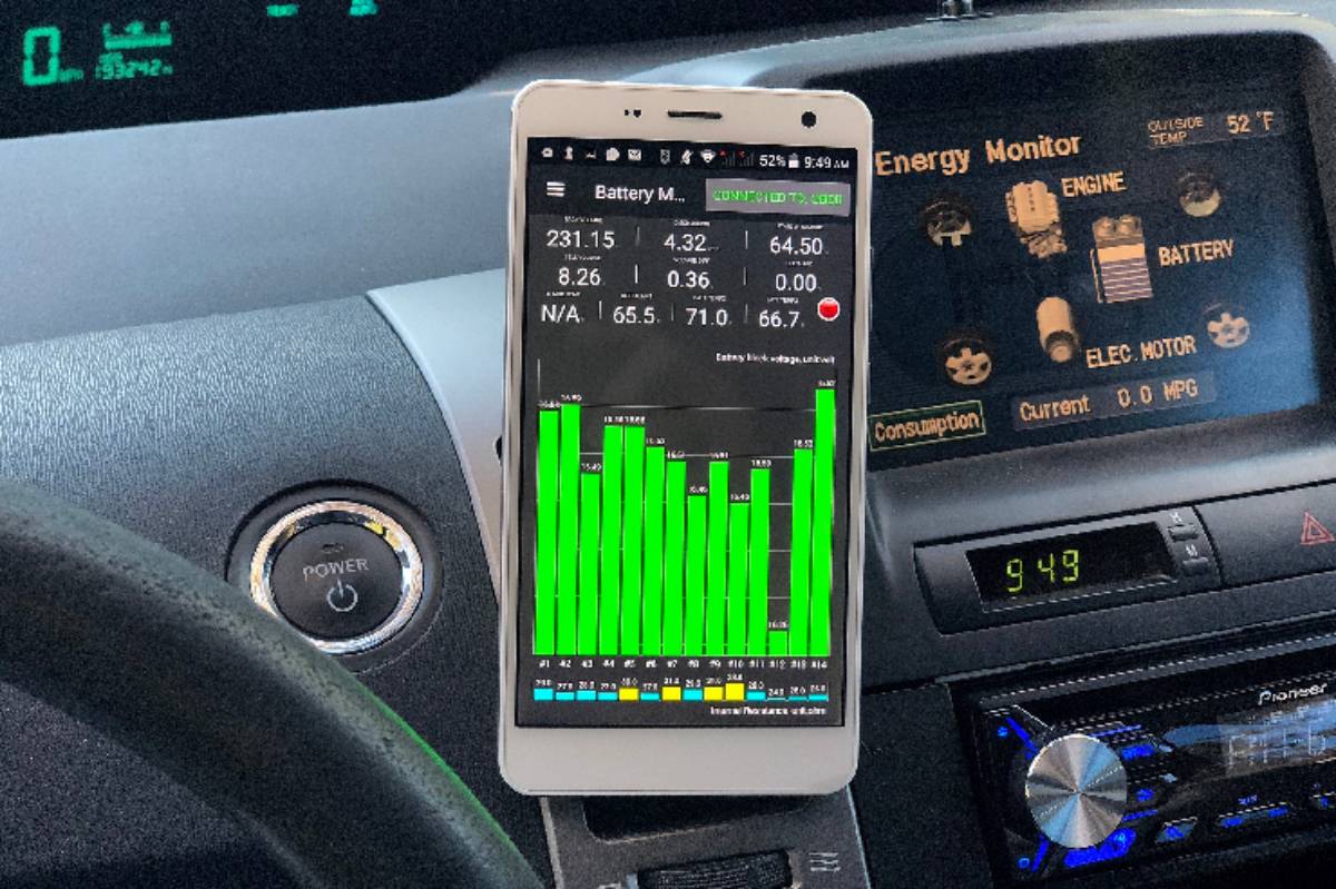 A close-up of a car dashboard displaying speed, fuel level, and other essential indicators.
