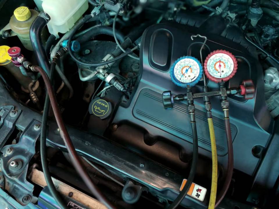 Close-up of a car engine with connected pressure gauges and colored hoses for HVAC system diagnostics.