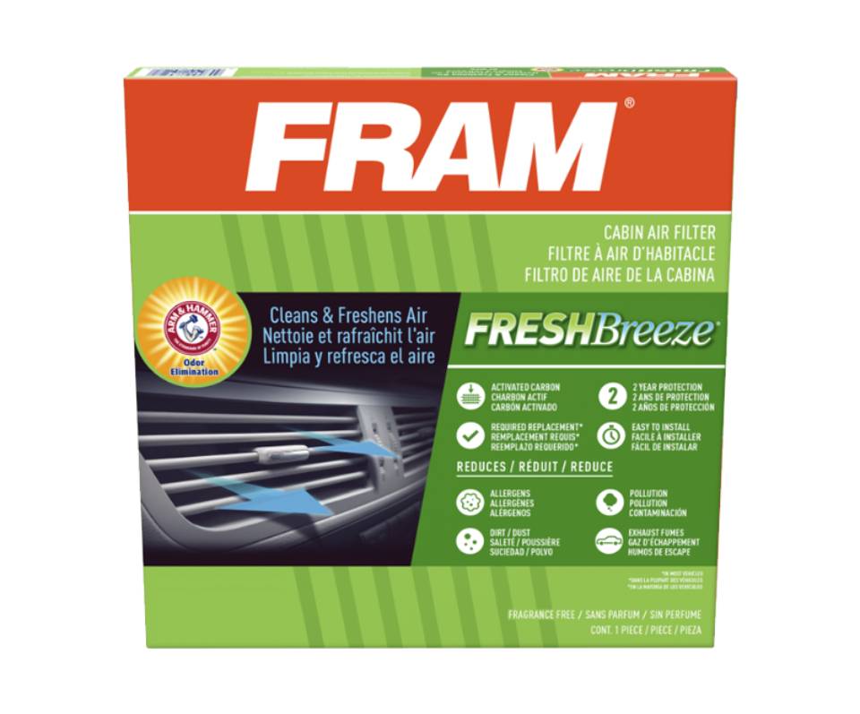 Package for FRAM Fresh Breeze Cabin Air Filter, featuring odor elimination and activated carbon for cleaner, fresher car air.