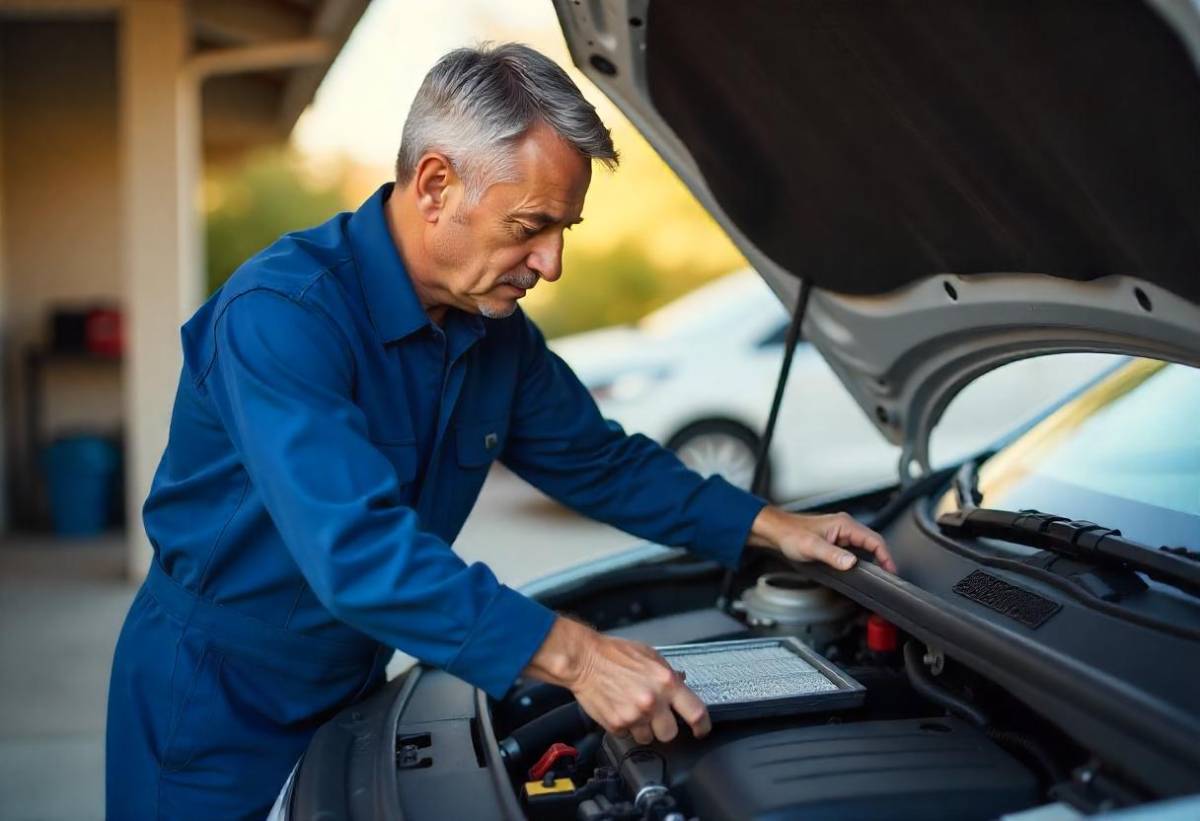 A mechanic in blue coveralls inspects a vehicle's engine, focusing on replacing the air filter under the hood.