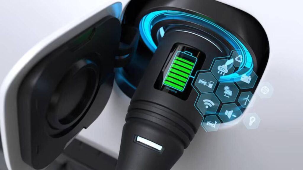 Close-up of an electric vehicle charging port showing a battery icon with green indicators and various connected technology symbols.