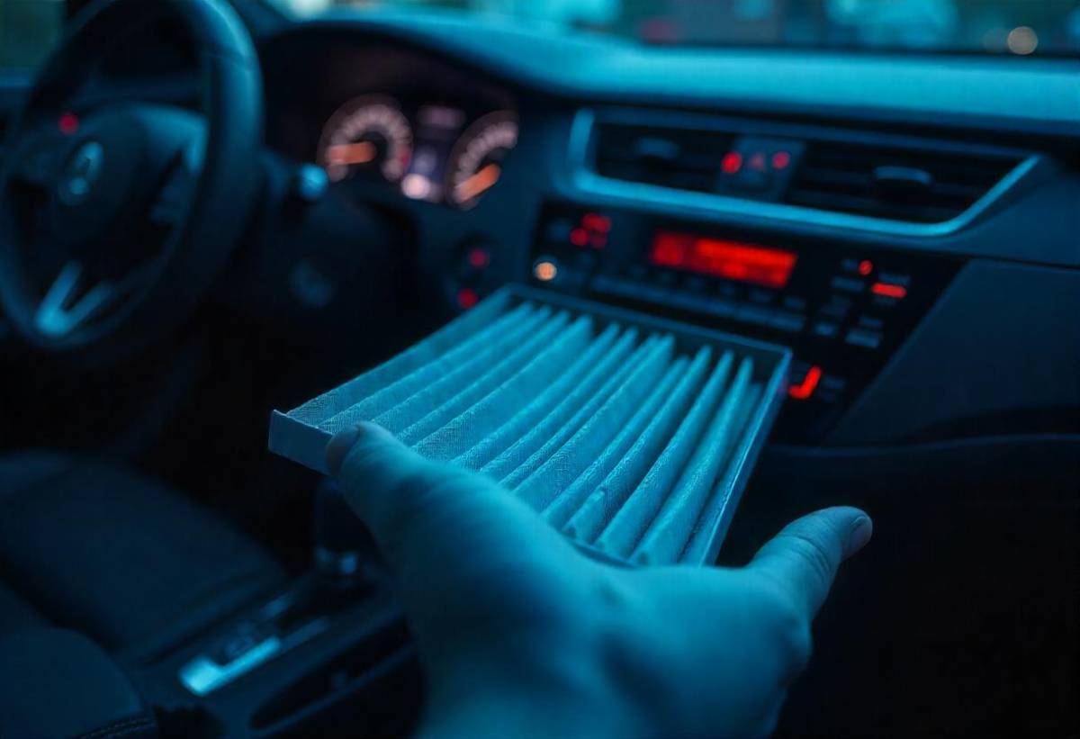 A person holds a dirty car air filter in a dimly lit vehicle, with a dashboard featuring illuminated controls and circular gauges.