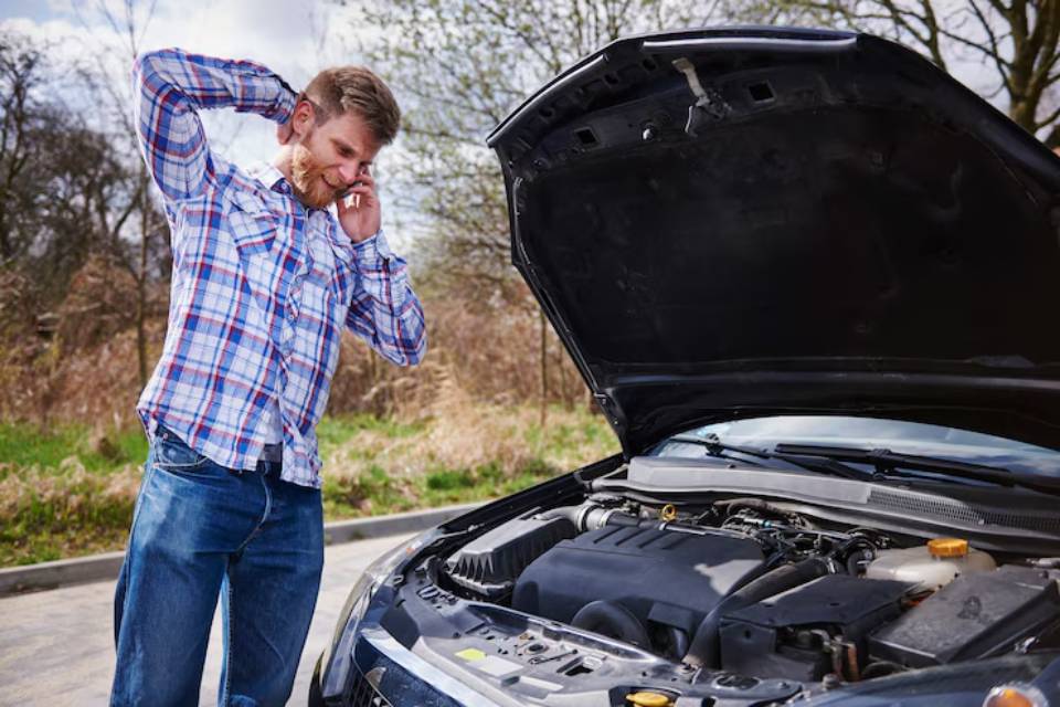 A person in a plaid shirt inspects the engine of a car with its hood raised, surrounded by trees and natural scenery.