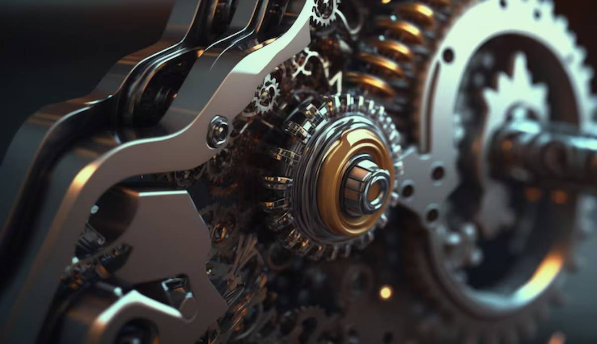 Close-up of intricate metallic gears and cogs, showcasing a blend of polished silver and gold components in a mechanical assembly.