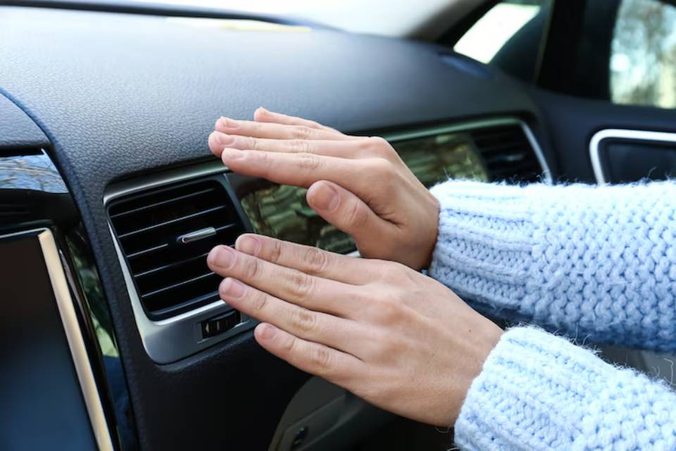 A person heating their hands by placing them near a car's air vent while wearing a cozy blue sweater.