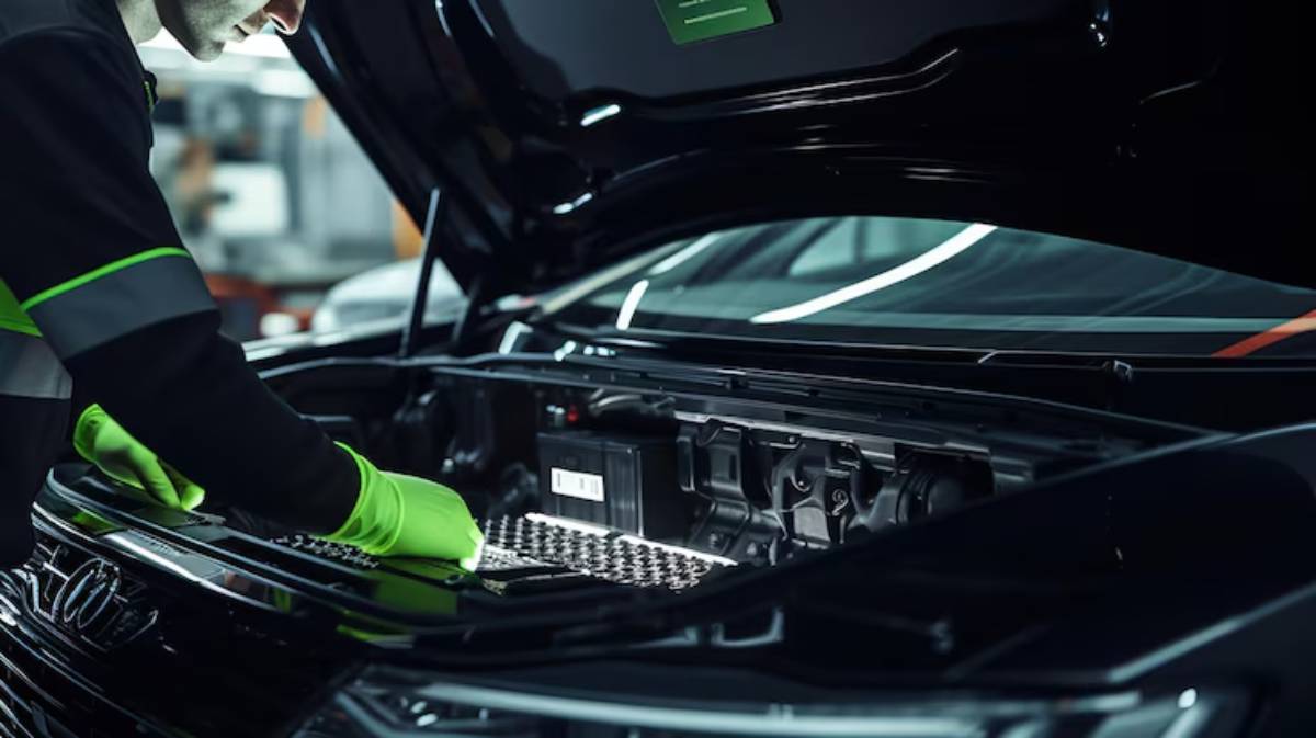 A mechanic in a black uniform and green gloves works on a car engine, examining components under the hood in a workshop.