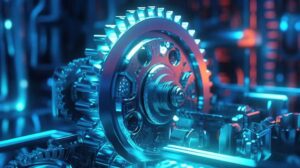 Close-up of a shiny metallic gear rotating amidst a futuristic blue and red-lit mechanical background.