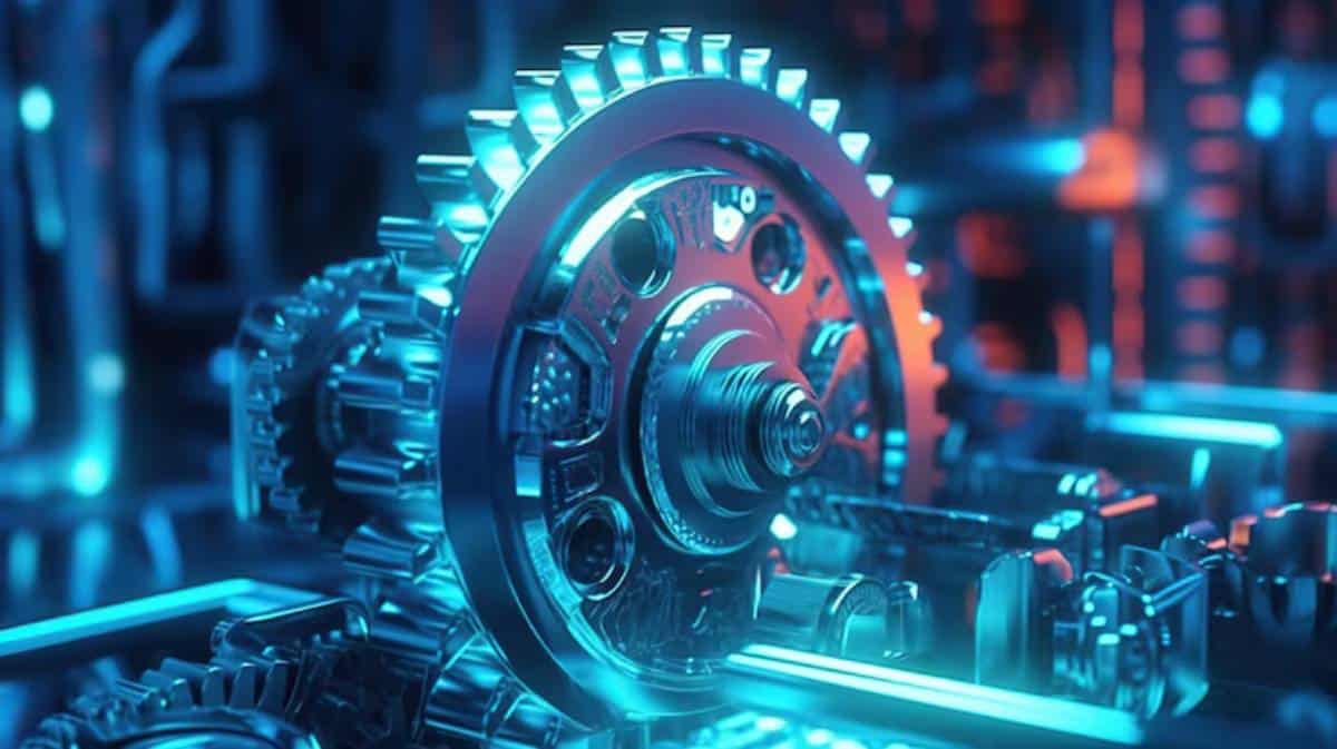 Close-up of a shiny metallic gear rotating amidst a futuristic blue and red-lit mechanical background.