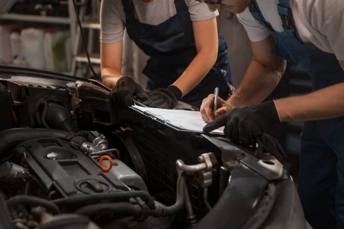Two mechanics in gloves inspect a car engine while taking notes on a clipboard in a well-lit garage setting.