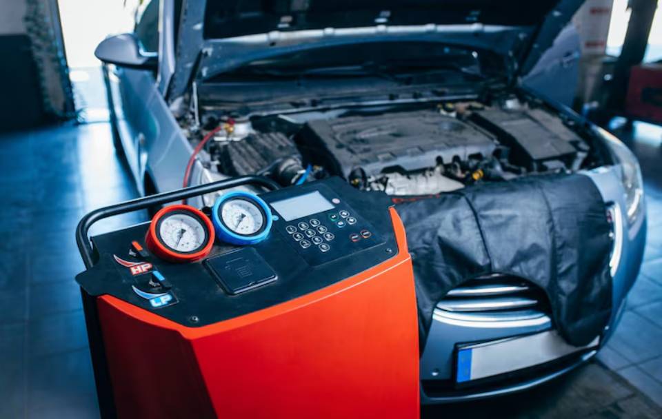 A car showcasing its engine and air compressor, highlighting key components of automotive functionality.